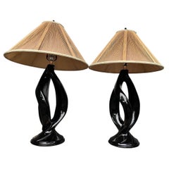 Vintage Postmodern Black Sculptural Lamps With Vintage String Shades - a Pair