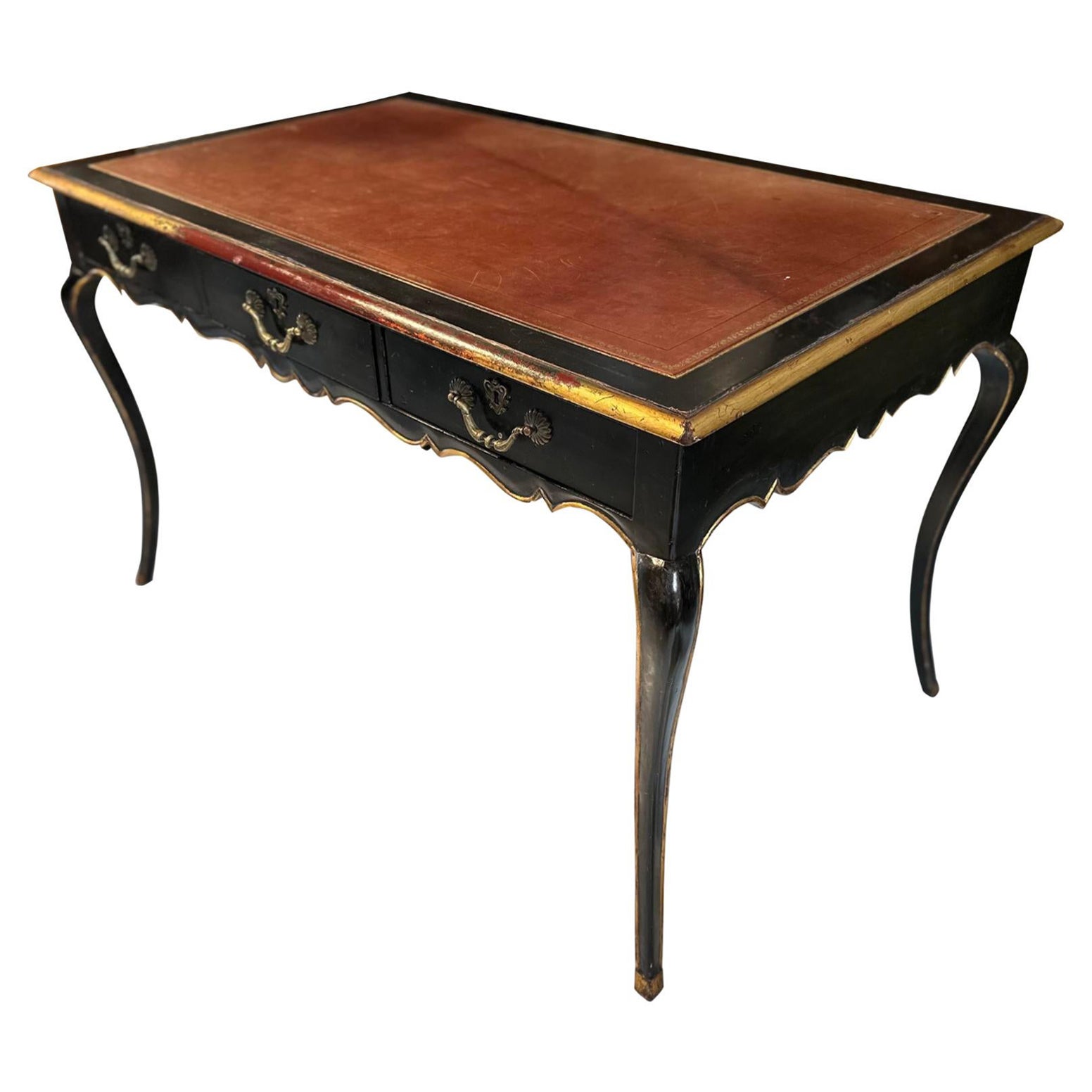 Alfonso Marina Louis XV Black & Gold Leather Top Writing Table Desk For Sale