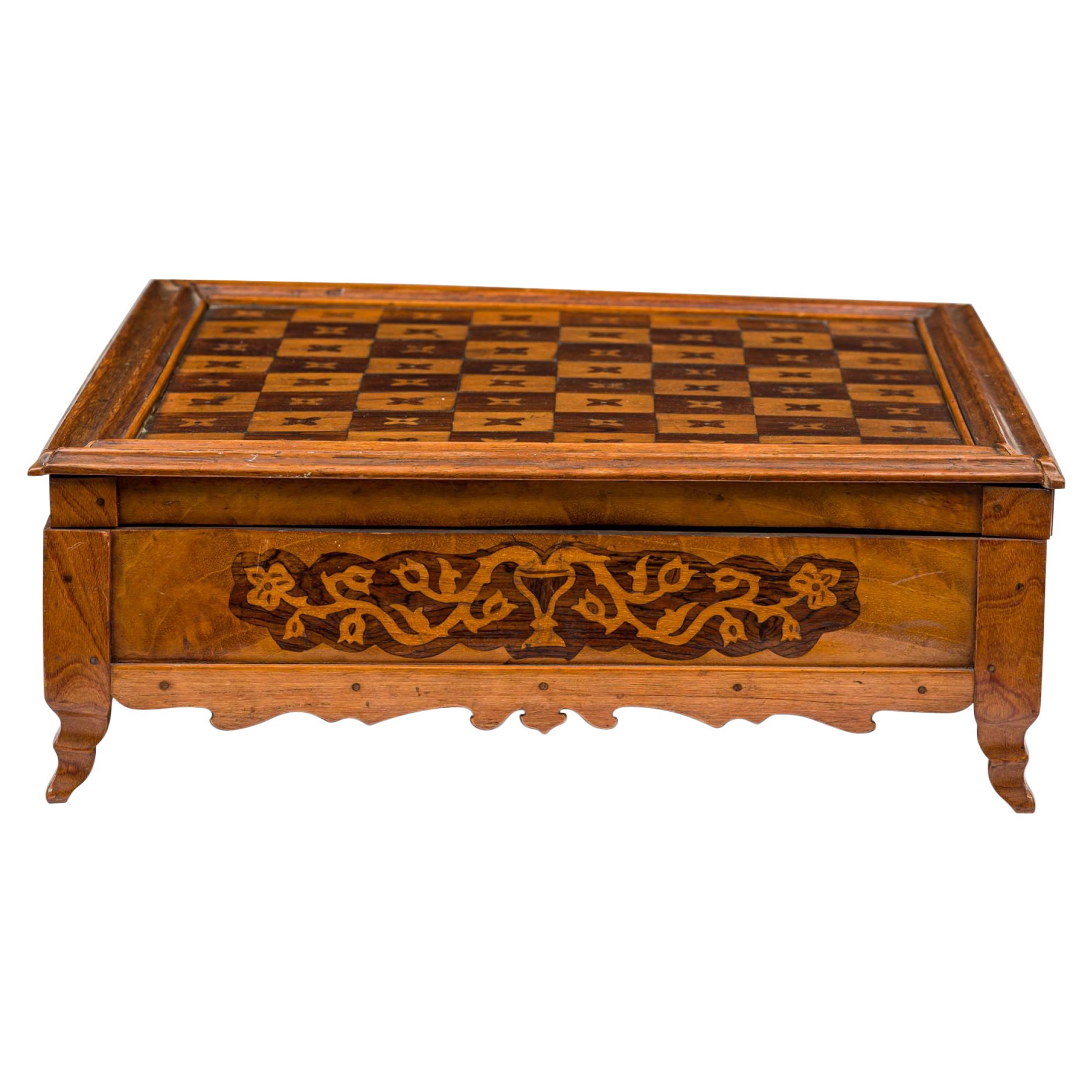 Early 20th Century Carved Mahogany, Cocobolo & Mother-of-Pearl Game Box For Sale