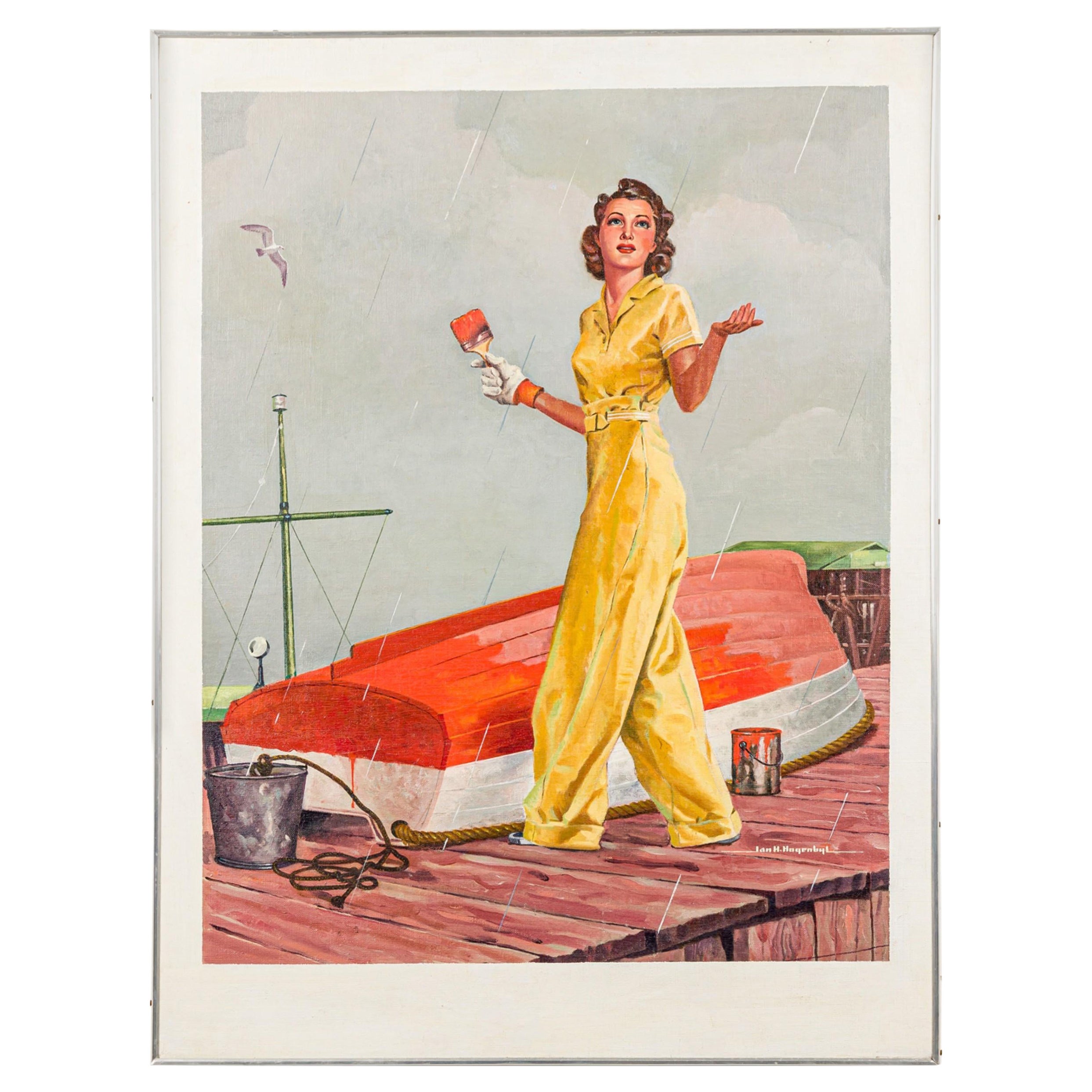 Peinture à l'huile américaine du milieu du siècle dernier représentant une femme peignant un bateau