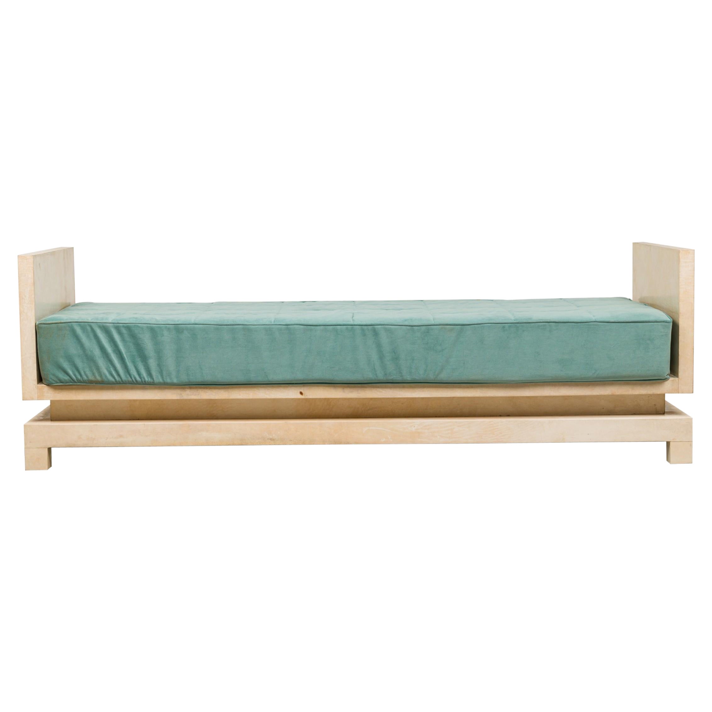 Mid-Century American Parchment and Teal Upholstered Daybed Manner of Samuel Marx