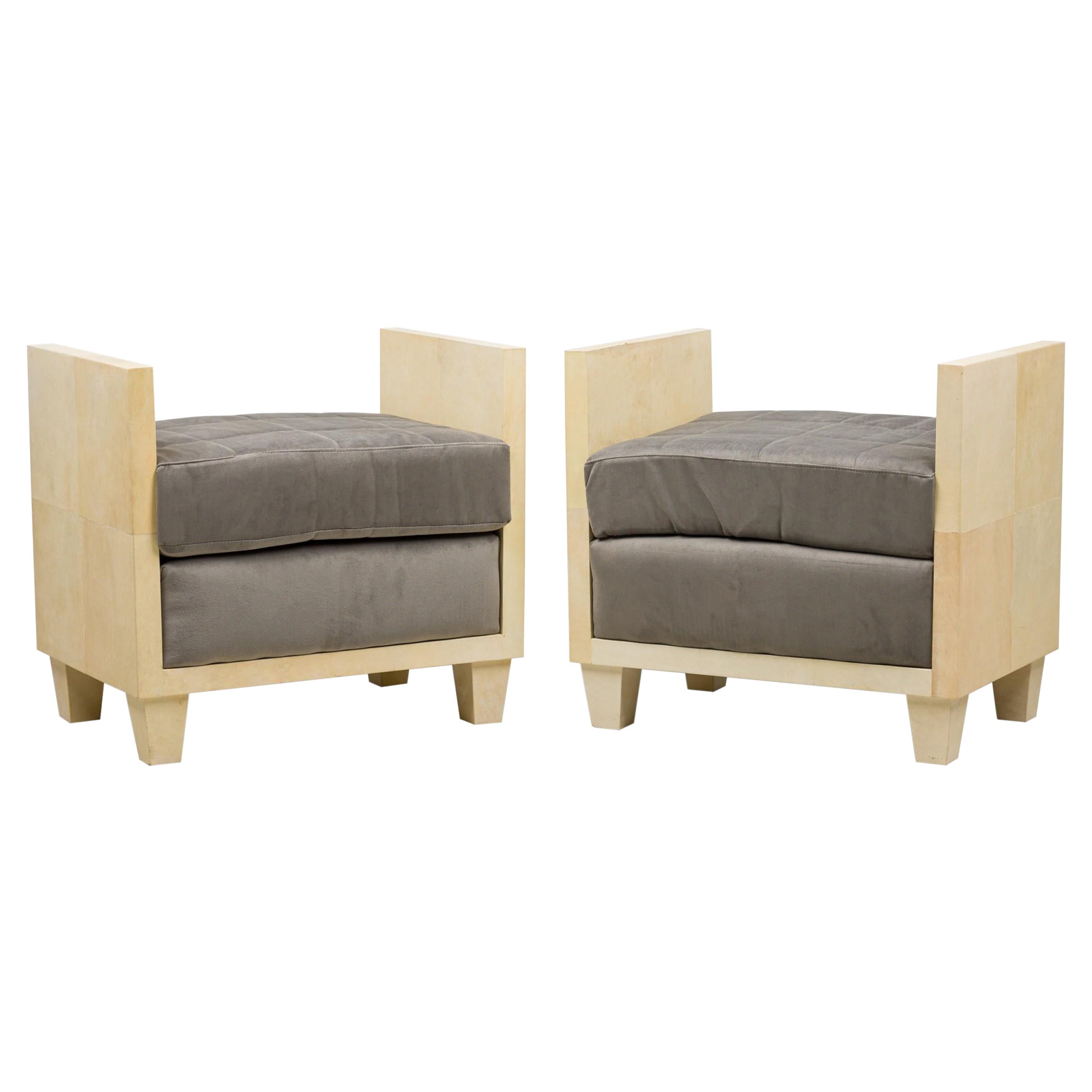 Pair of American Parchment Covered Upholstered Benches (Manner of ...