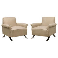Vintage Pair of Mid-Century American Chrome Beige Fabric Upholstered Lounge / Armchairs