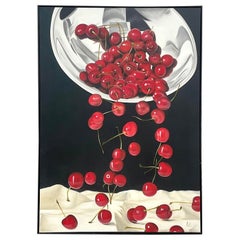 Vintage Boho Monumental Signed Original Oil Painting on Canvas of Cherries