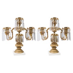 Pair of Gilt Metal & Stone Mounted Candelabra with Glass Bar Ornaments