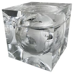 Mid-Century Modern Lucite Cube Ice Bucket with Etched Globe Design