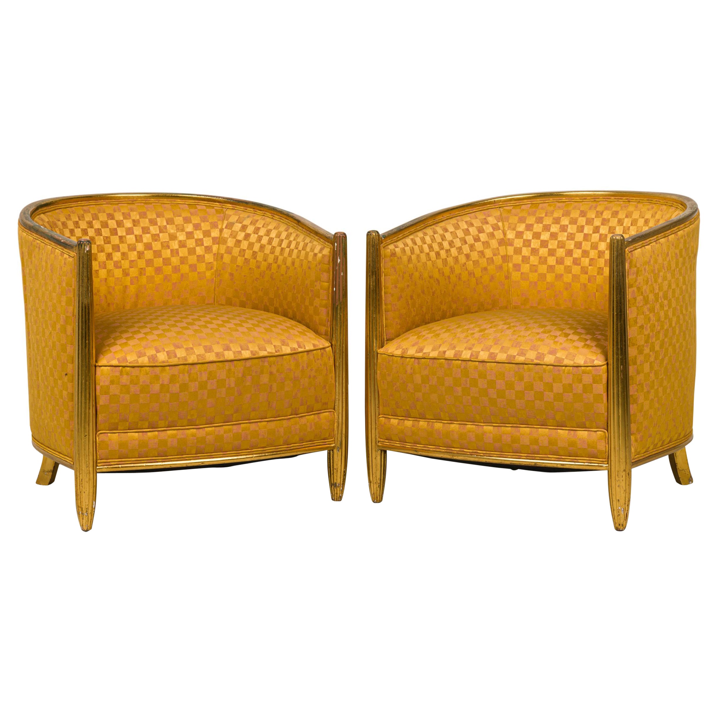 Pair of French Art Deco Gold Satin Upholstered Giltwood Armchairs