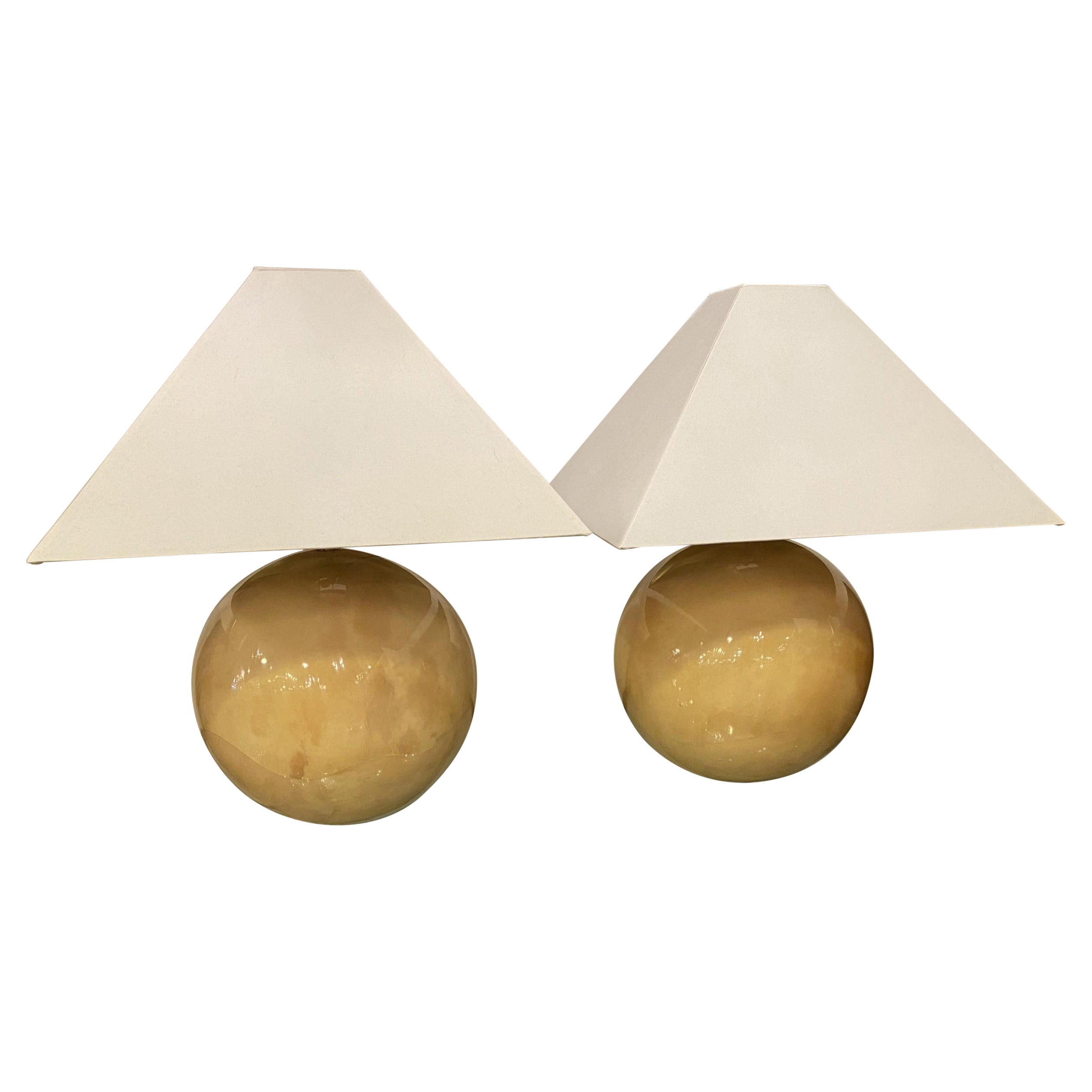 Pair of Karl Springer Modern Citron Goatskin Sphere Table Lamps