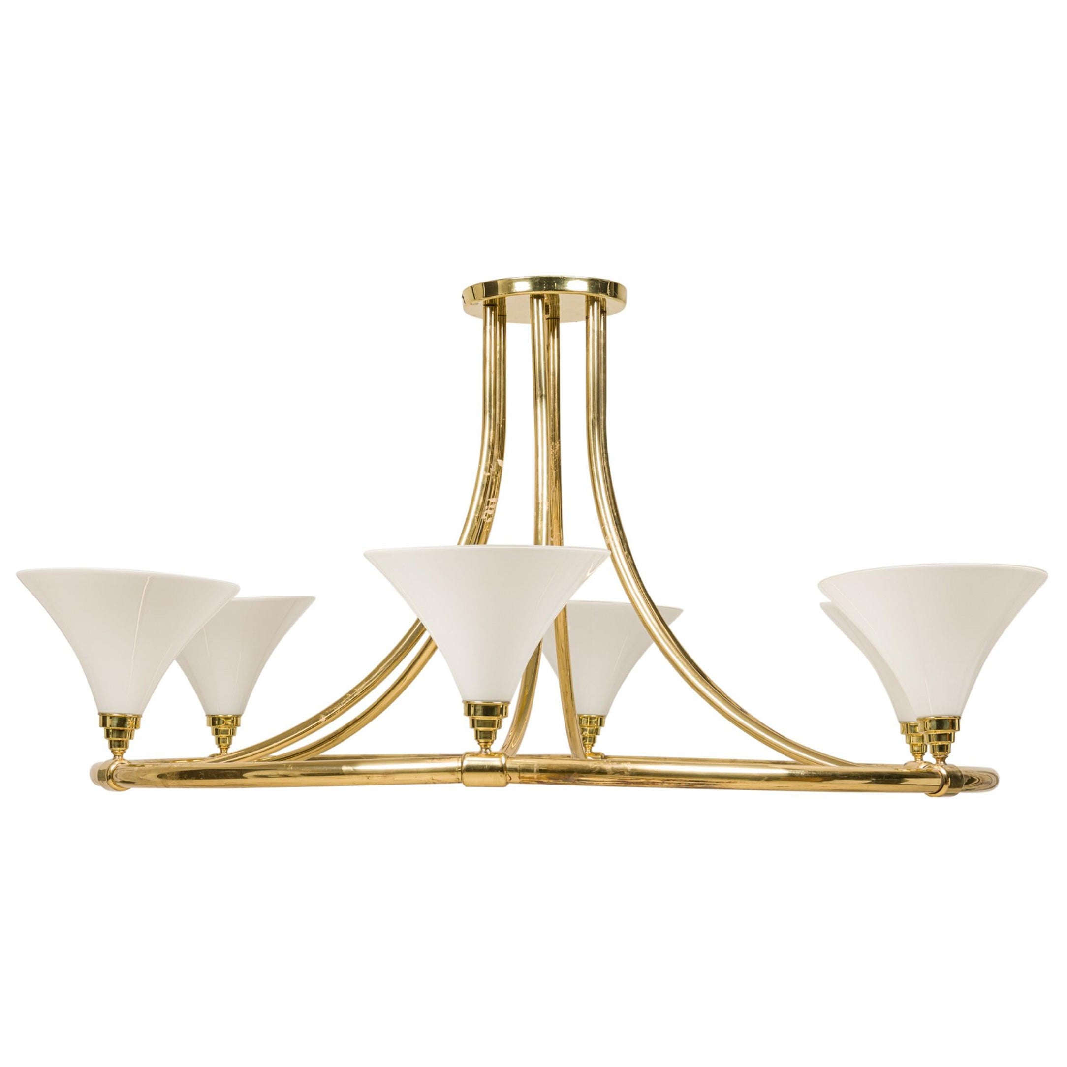Continental Mid-Century Monumental Brass and White Glass 6-Light Chandelier For Sale