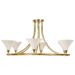 Continental Mid-Century Monumental Brass and White Glass 6-Light Chandelier