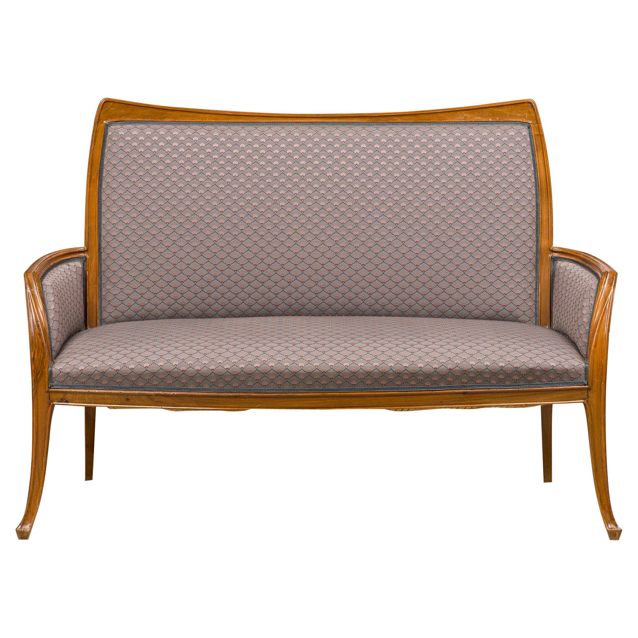 Midcentury Danish Armless Settee Upholstered in Blue Striped Fabric at