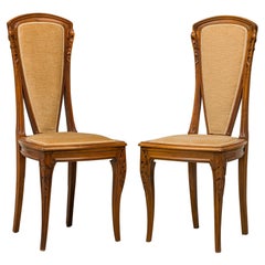 Set of 6 Louis Majorelle Foliate Carved Mahogany Beige Upholstered Side Chairs