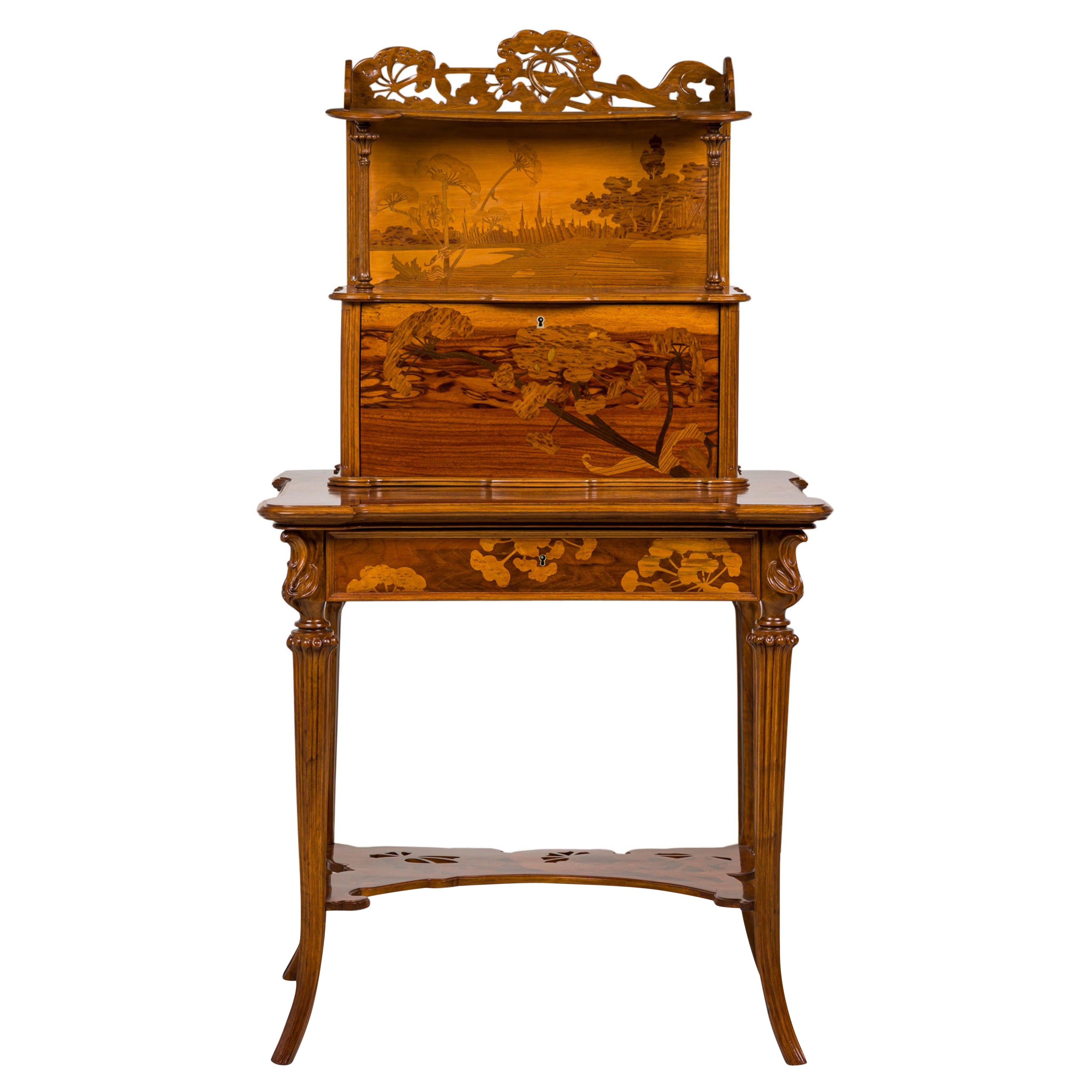 Emile Galle "Ombelles" Floral and Pastoral Marquetry Writing Desk For Sale