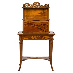 Antique Emile Galle "Ombelles" Floral and Pastoral Marquetry Writing Desk