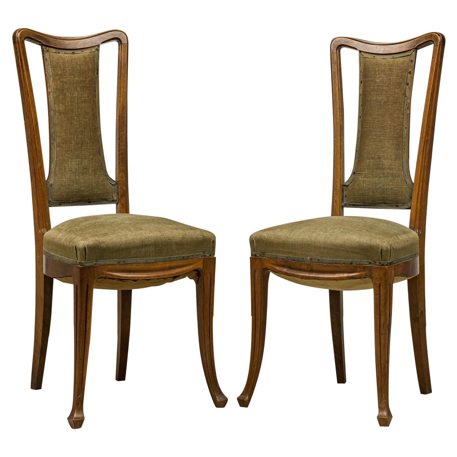 Set of 8 Louis Majorelle Carved Walnut and Sage Green Muslin Side Chairs For Sale