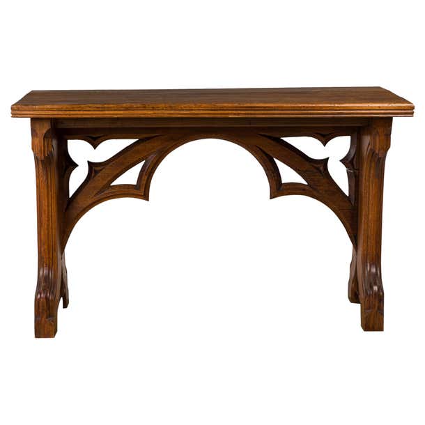 English Victorian Gothic Revival Carved Oak Table For Sale at 1stDibs