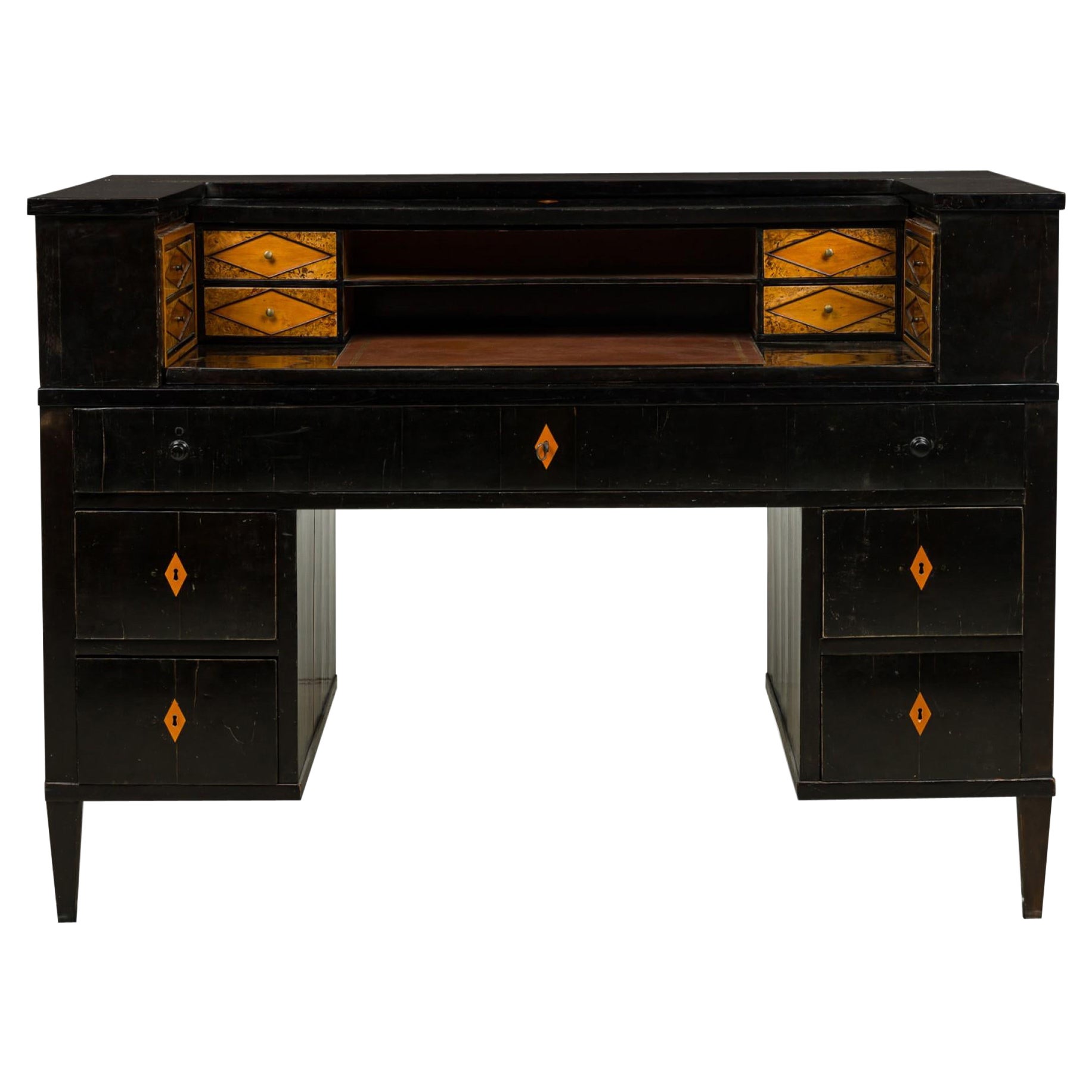 Art Deco Ebonized Pearwood Two-Tier Tambour Top Writing Desk For Sale