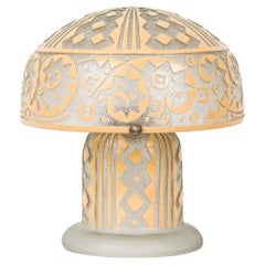 Antique Daum Nancy French Art Deco "Mushroom" Patterned and Yellow Painted Table Lamp