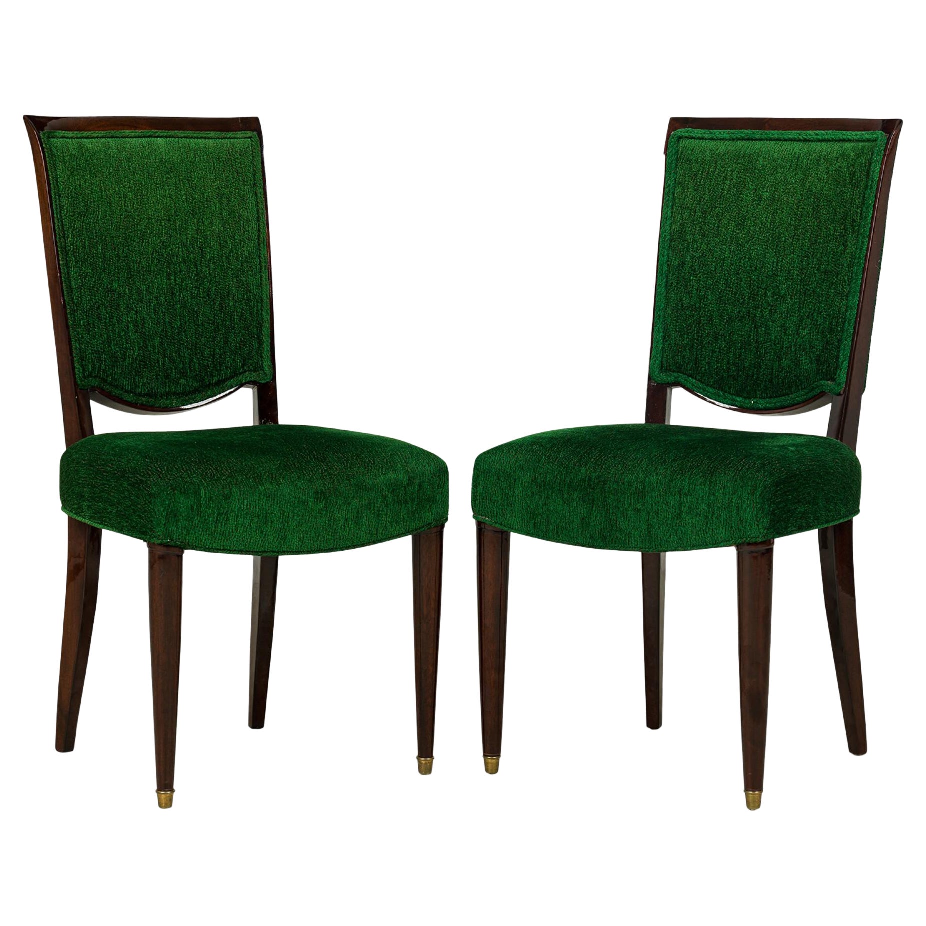 Satz von 8 Jules Leleu Französischen Art-déco-Ess-/Beistellstühlen aus grünem Stoff