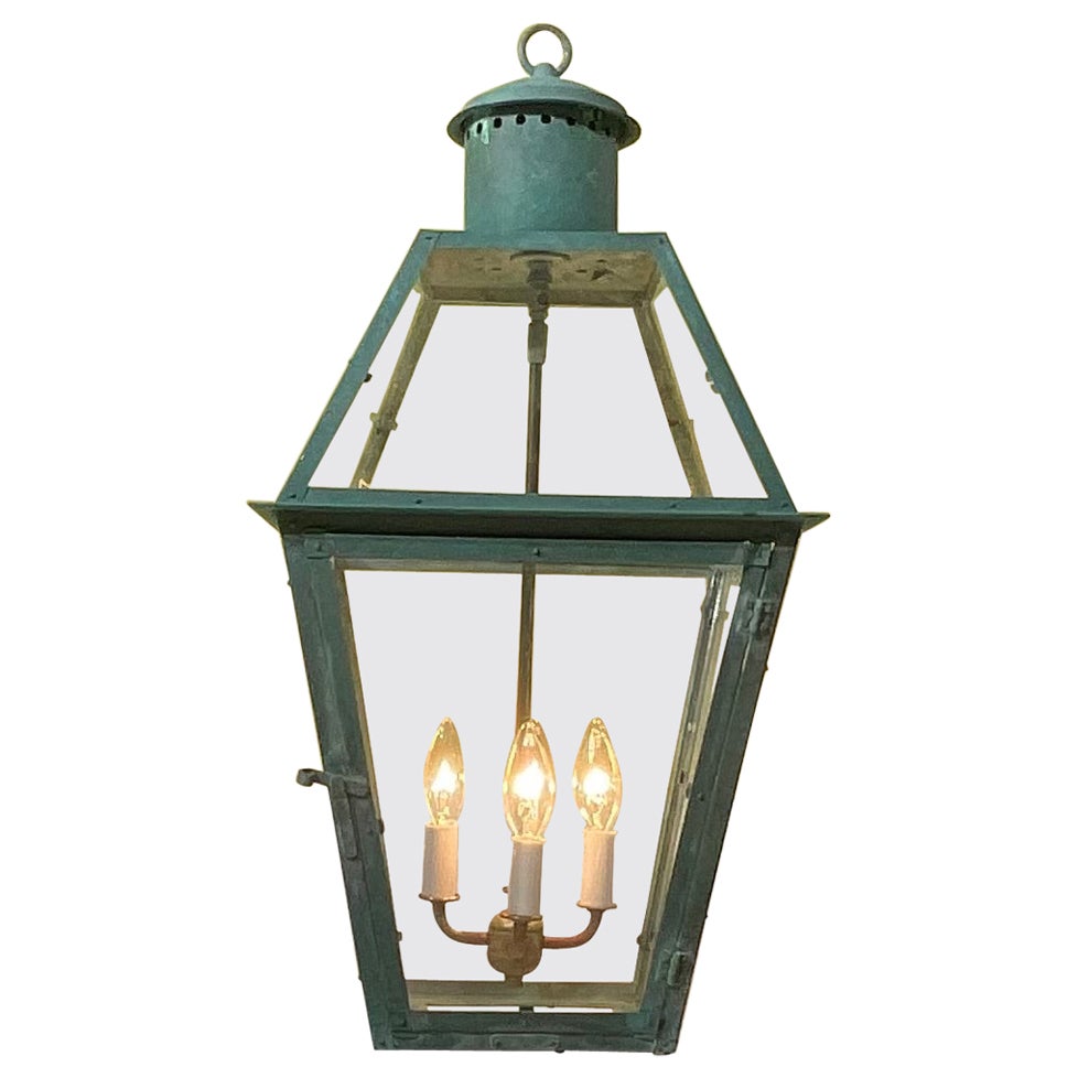 Vintage Four-Sides Hanging Copper Lantern For Sale