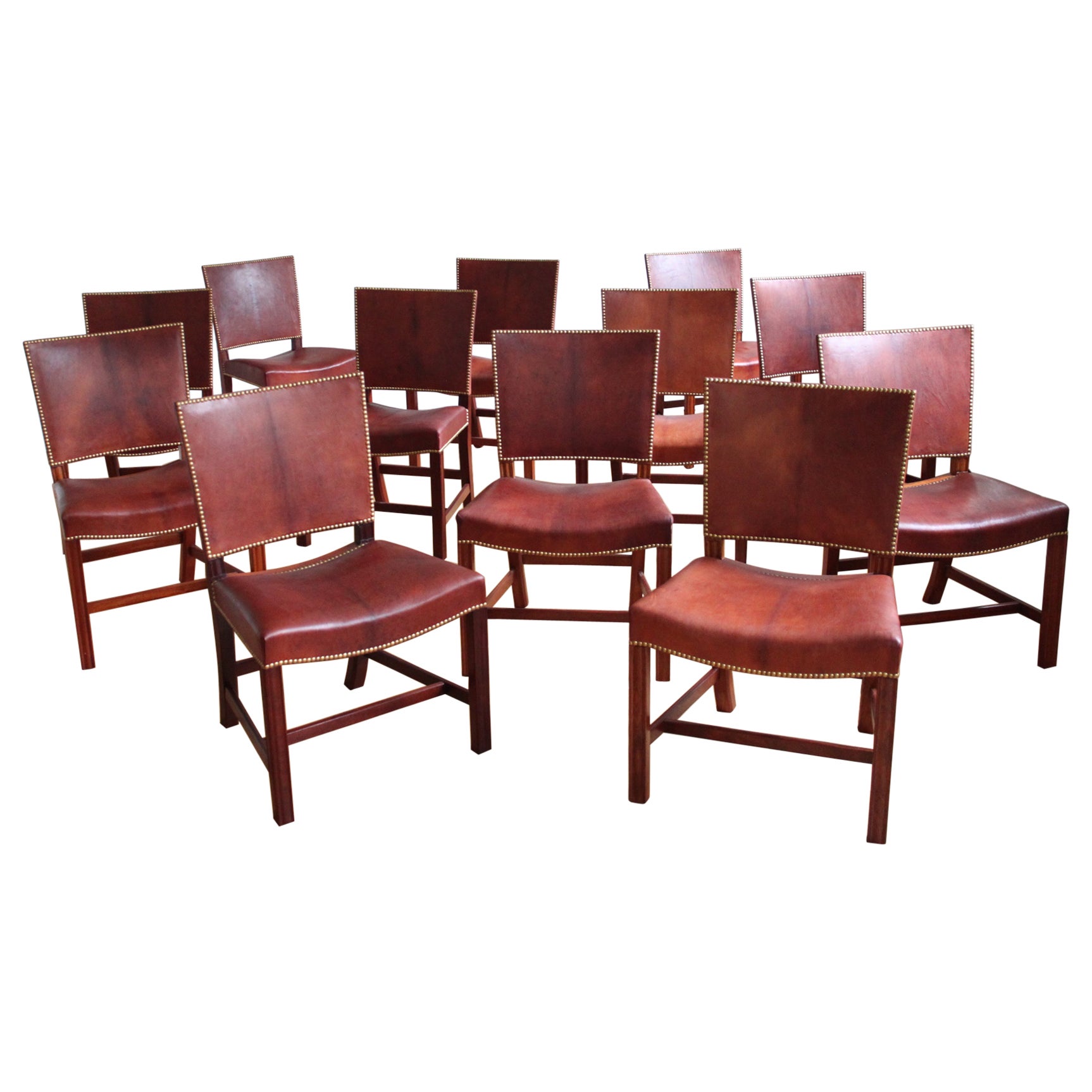 Ensemble de douze chaises Kaare Klint rouges, Rud Rasmussen, cuir du Niger et acajou en vente