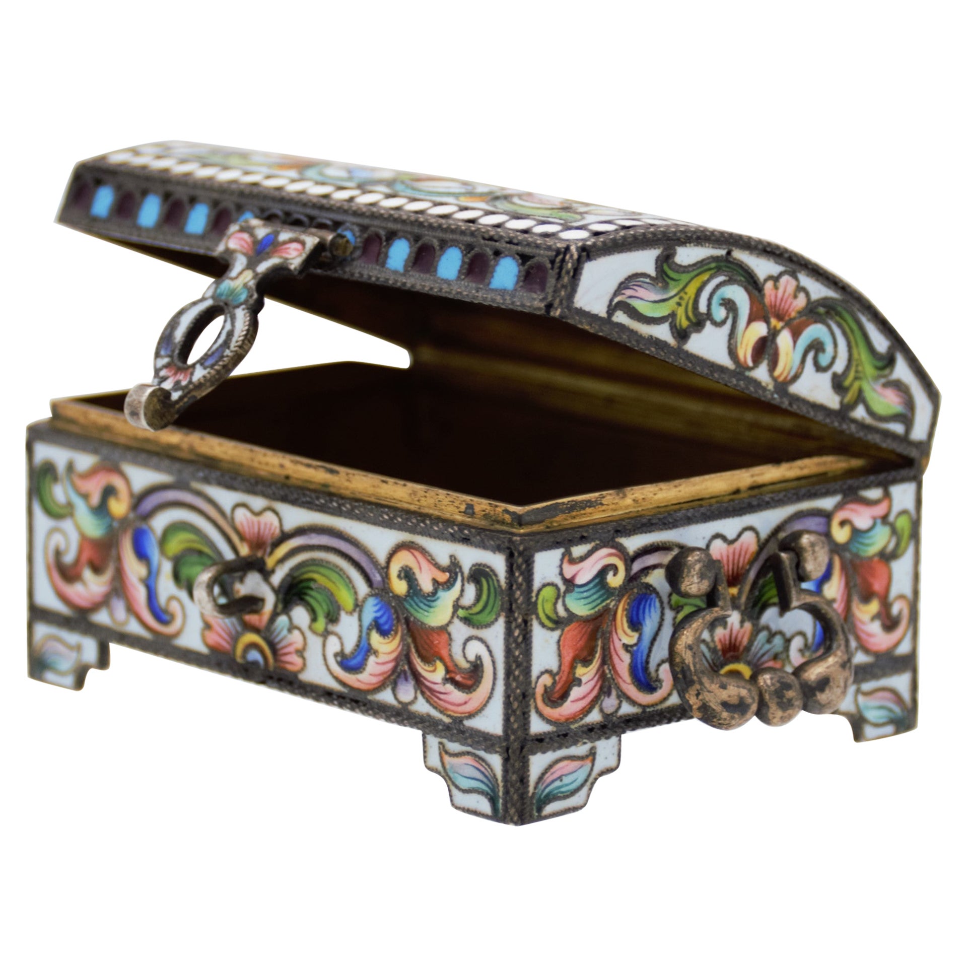 Antique Russian Silver Enamel chest shaped box, by Maria Semenova, Moscow ca1900 For Sale
