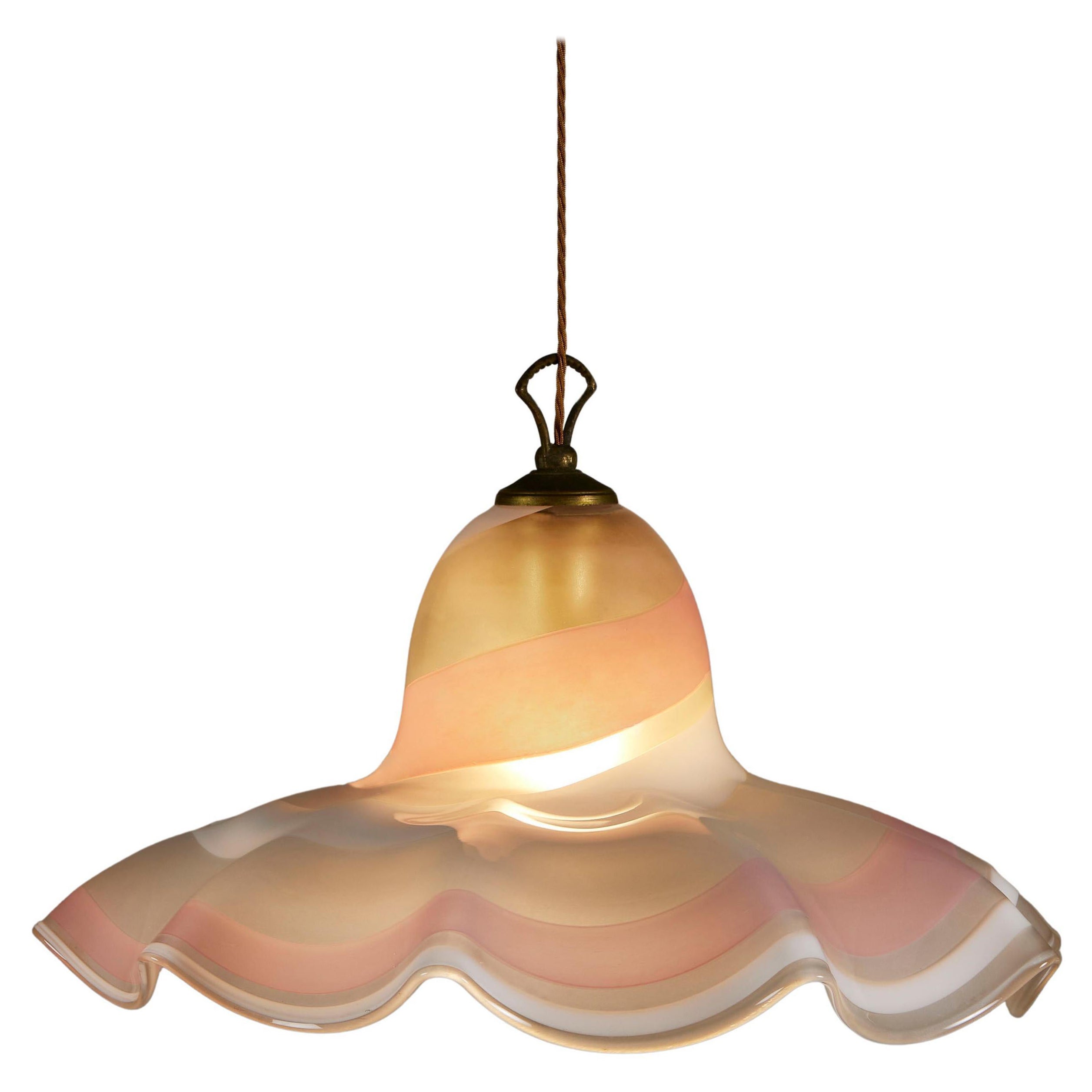 Grand pendentif mouchoir italien « Fazzoletto » de Murano rose et blanc en vente