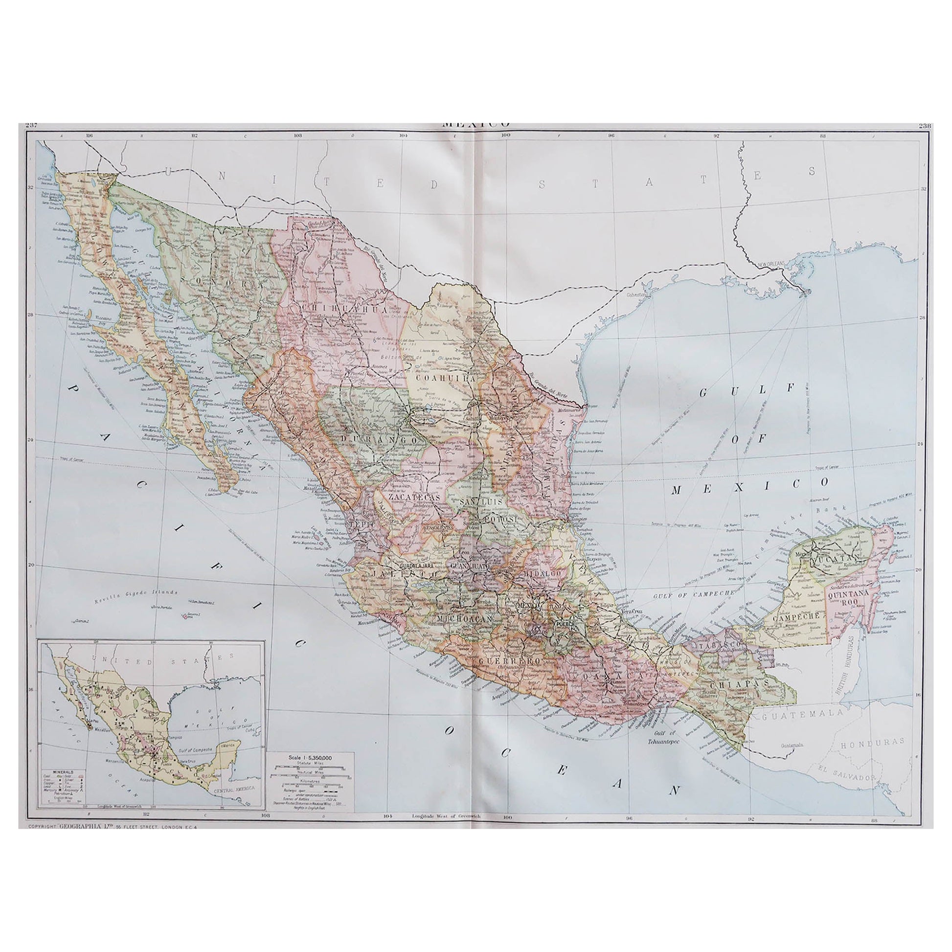 Large Original Vintage Map of Mexico, circa 1920