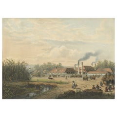 Chromolithographie originale d'une usine de sucre à Java, Indonésie, 1872