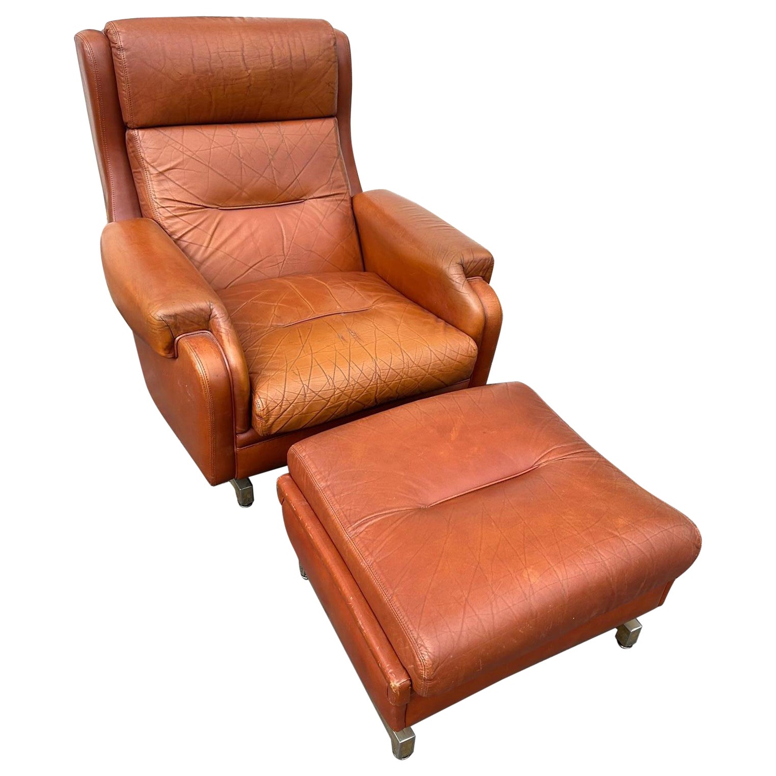 20th century French Jean Prevost Leather Armchair with Stool, 1970s
