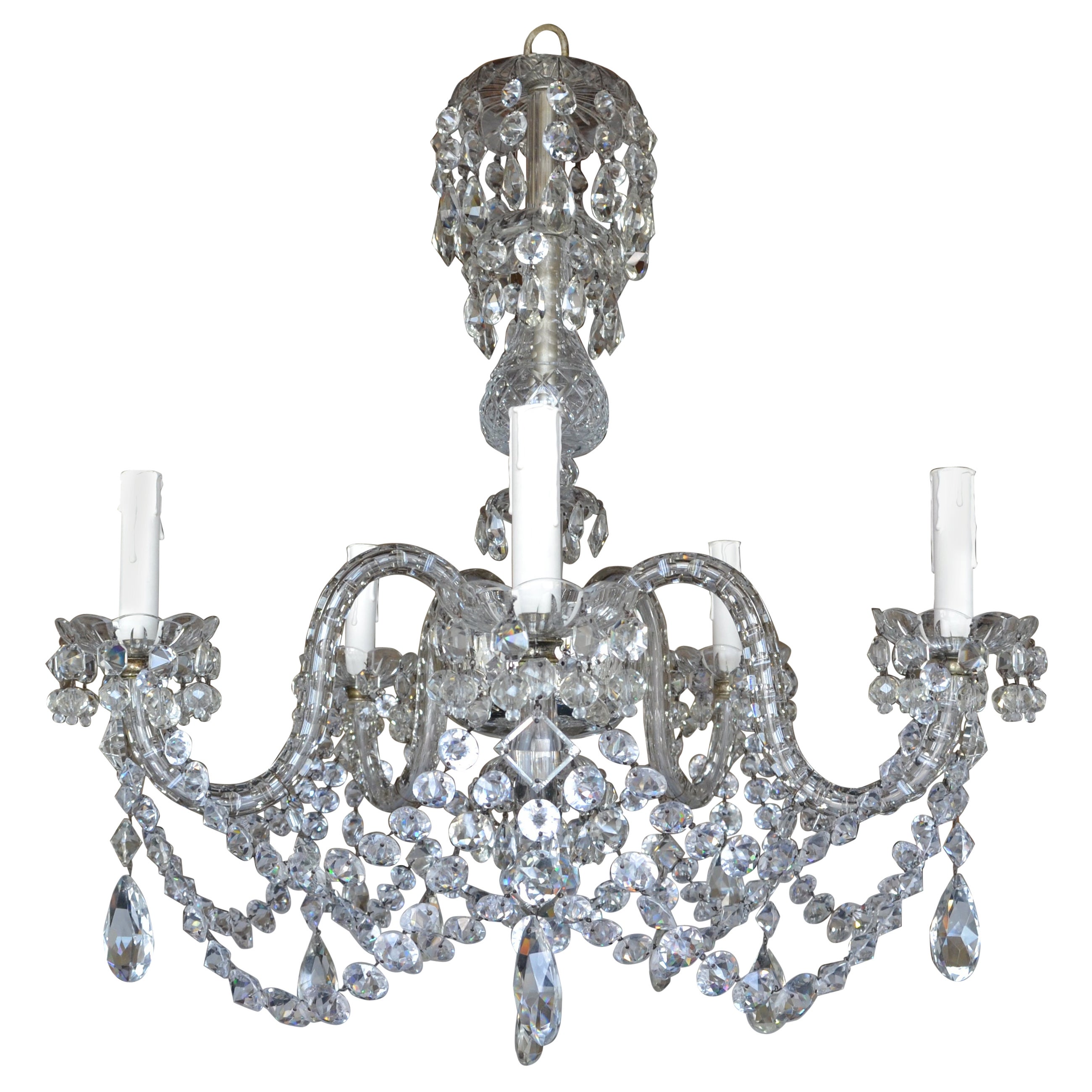 19th Century Pair of Old English Crystal 5 light chandeliers