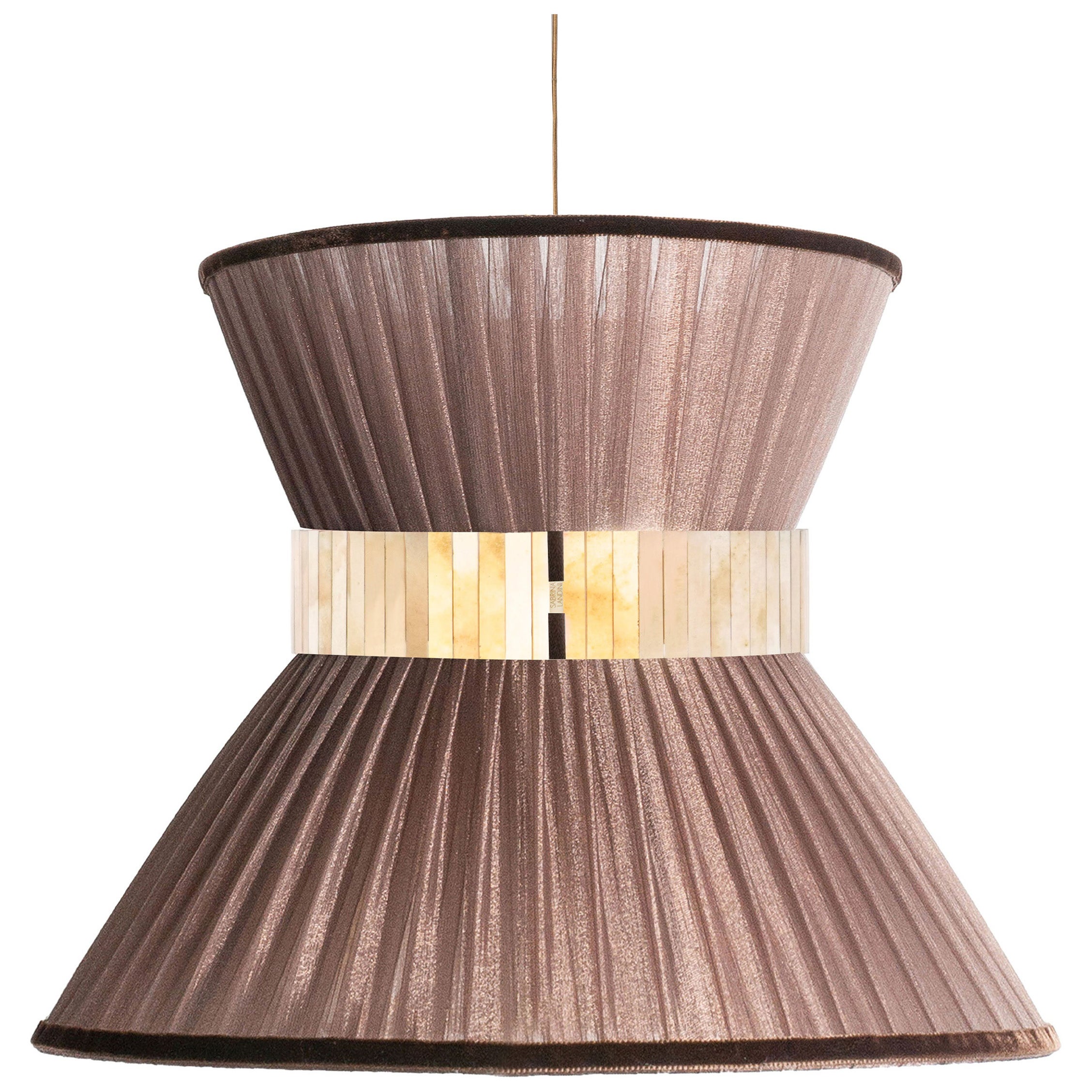 Lampada a sospensione contemporanea Tiffany, 80 Tabacco Seta Vetro Argentato Ottone
