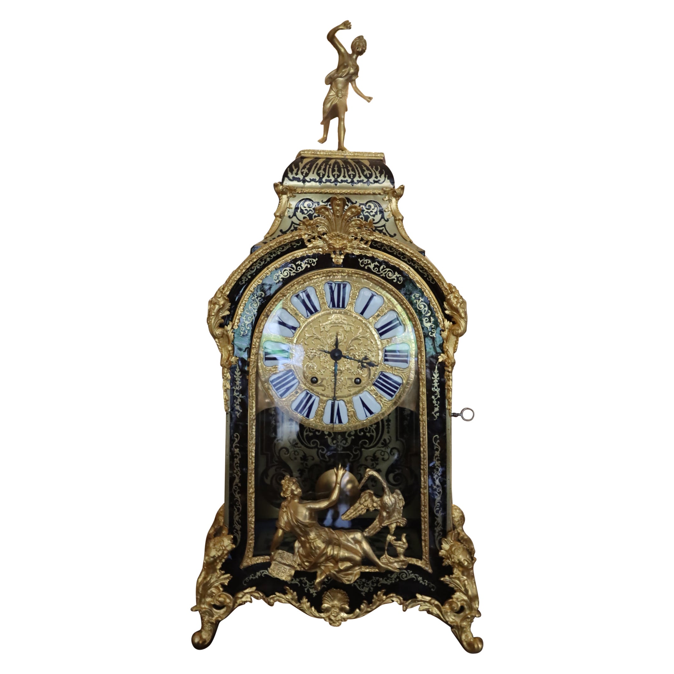 Impressive 18th Century Table Clock in Guilt Bronze Mounts and Tortoise Shell For Sale