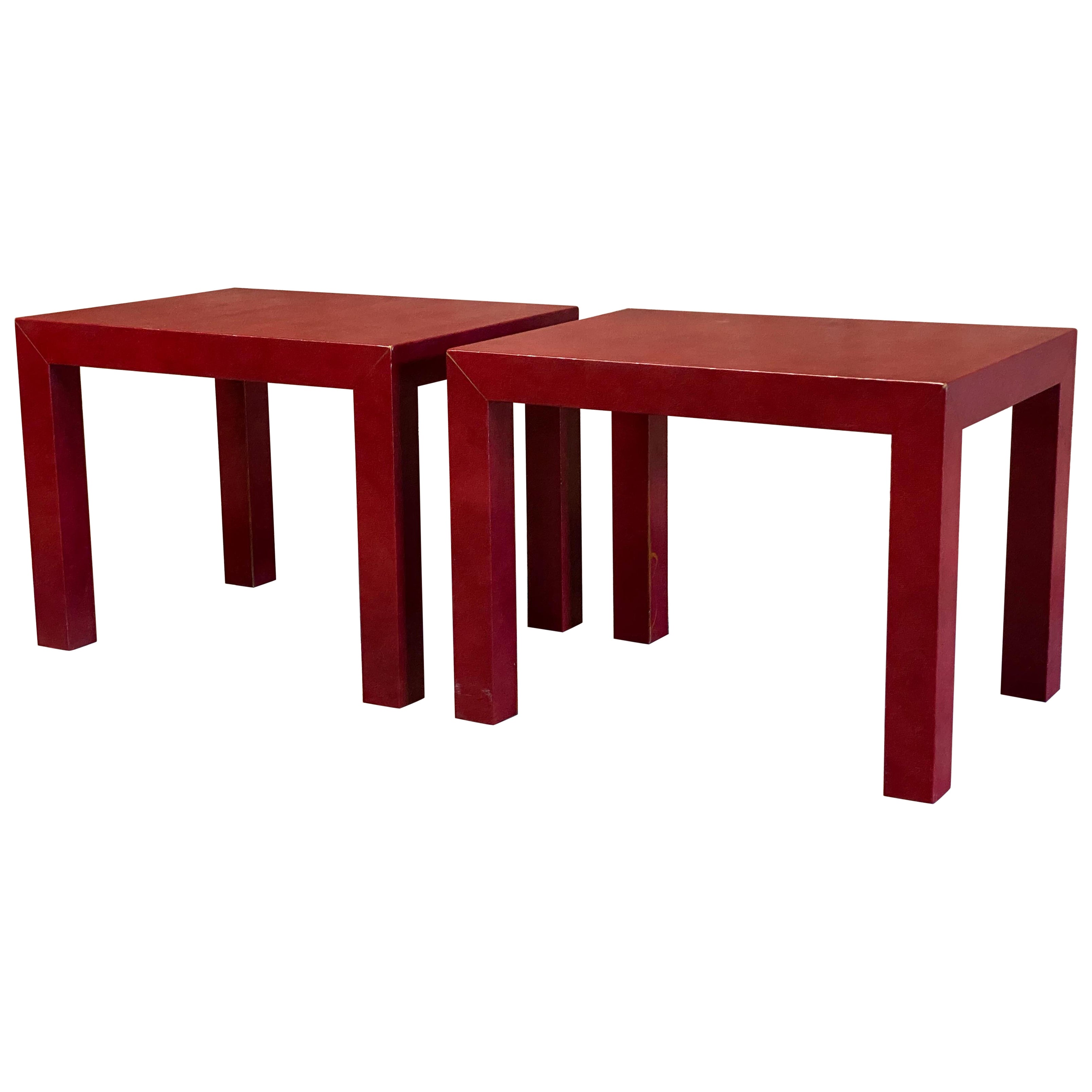 Red Faux Lizard Skin Parsons Post Modern End Tables For Sale
