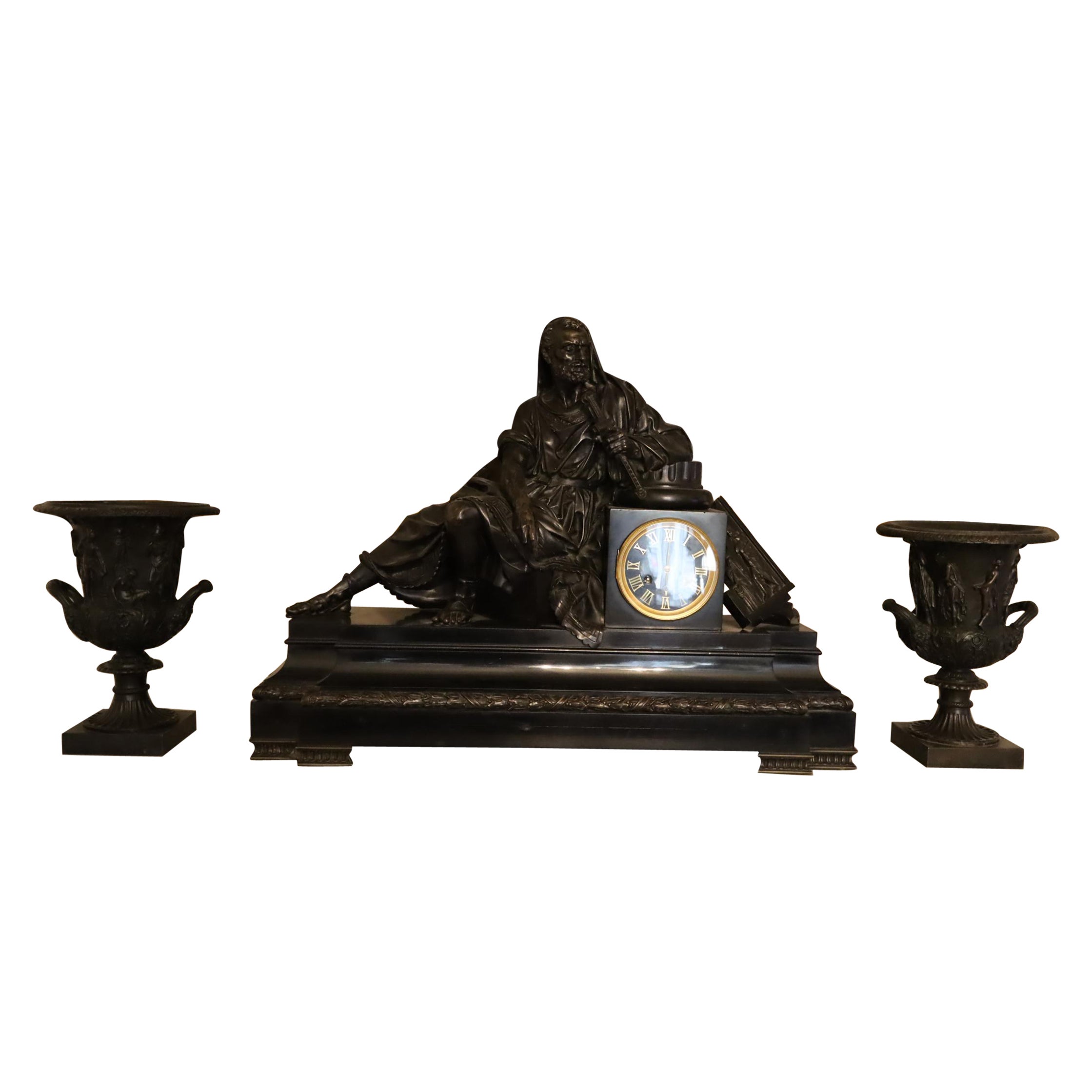 19th Century Very Impressive Bronze and Marble Faced Table Clock For Sale