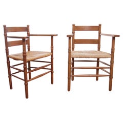 Two Dutch Rural Art Deco Ladder Back Oak Rush Seat Armchairs 1930's