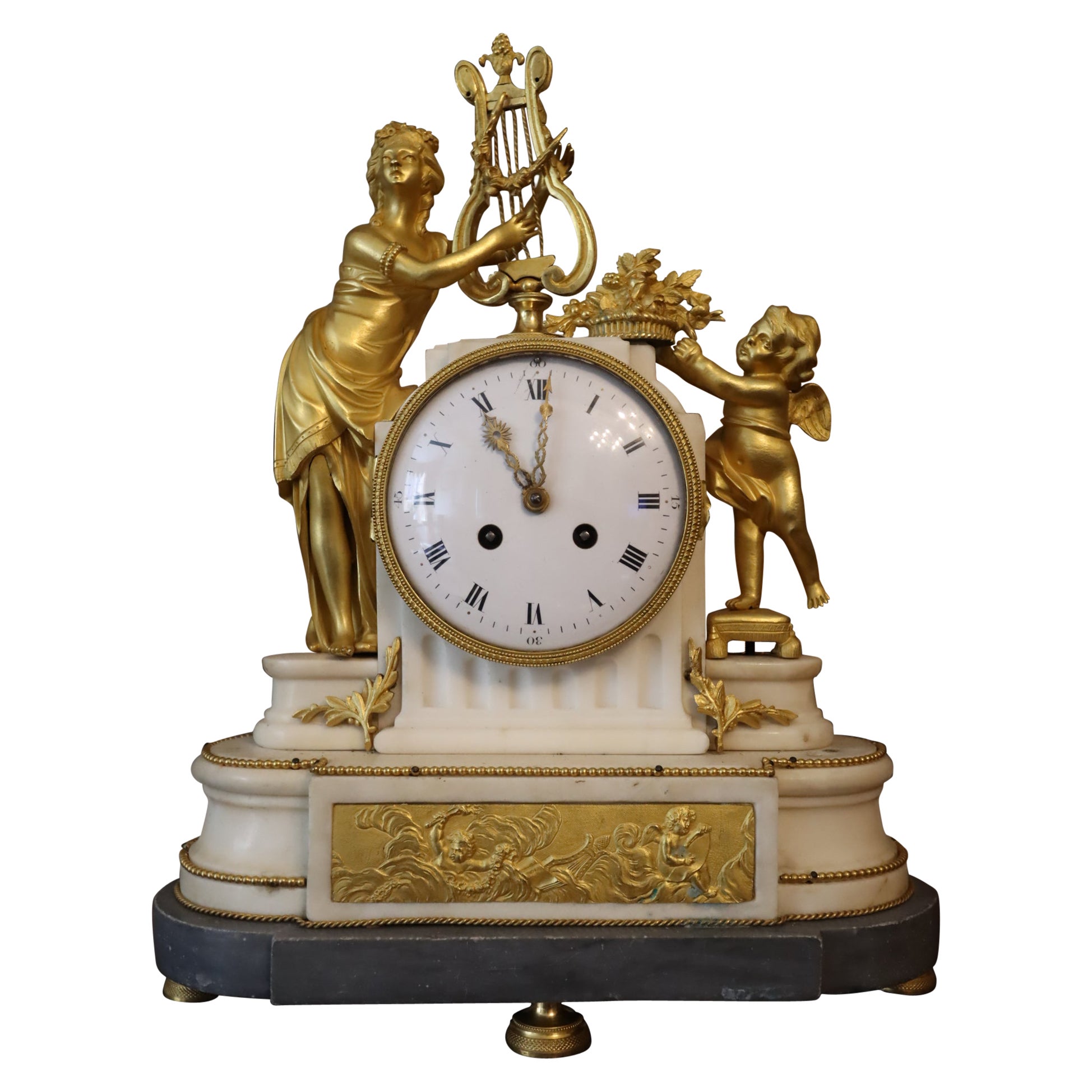 French Empire Guilt Bronze Mounted Table Clock on Marble Circa 1820 For Sale