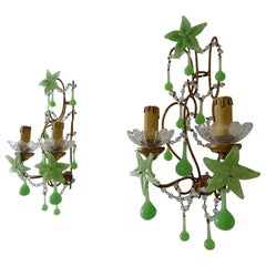 Antique French Rare Flower One of a Kind Green Opaline Giltwood Sconces, circa 1920