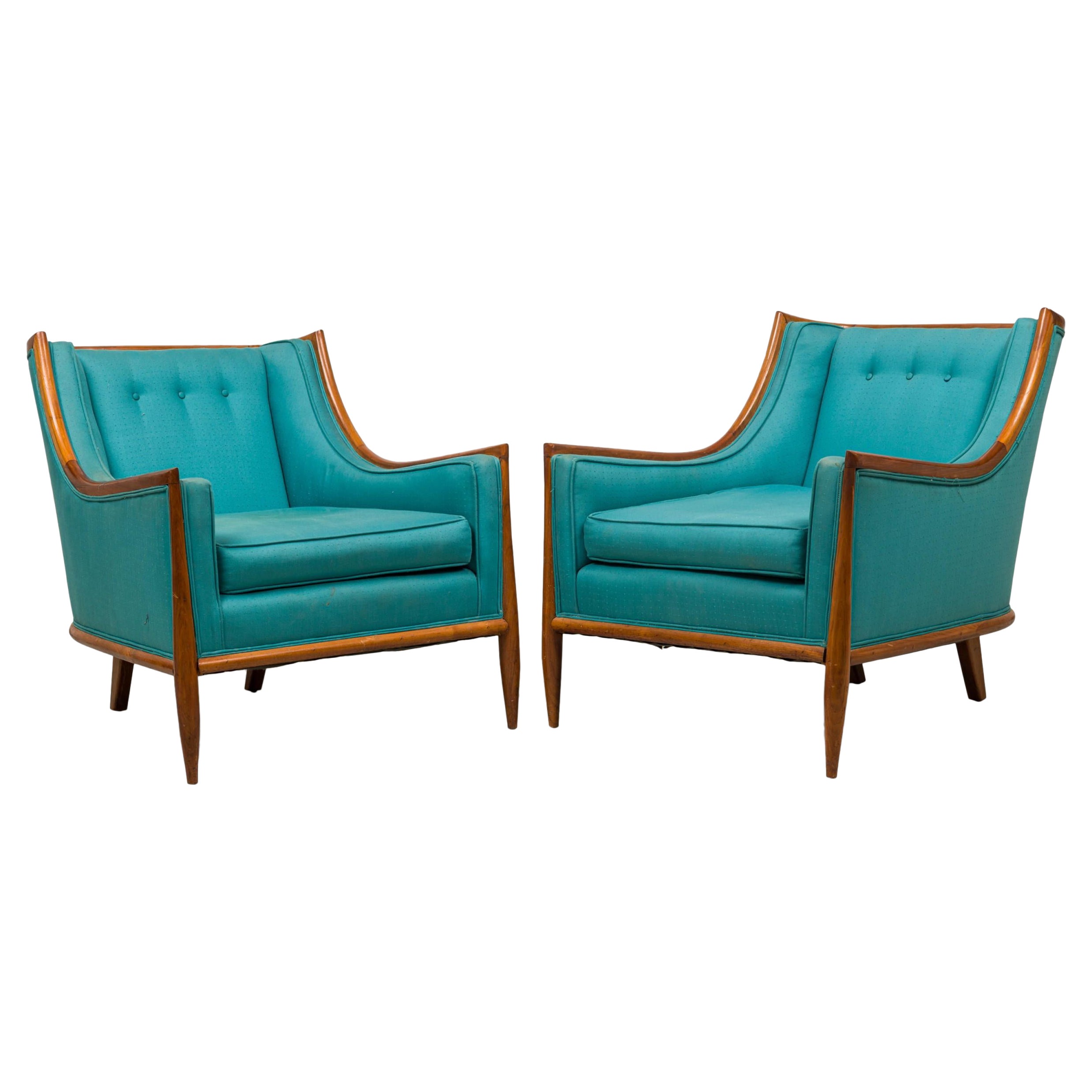 Pair of T.H. Robsjohn-Gibbings Walnut and Blue Upholstery Bergere Armchairs For Sale