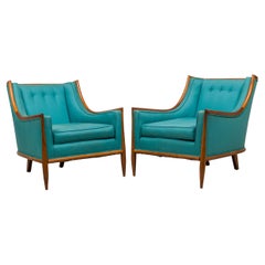 Pair of T.H. Robsjohn-Gibbings Walnut and Blue Upholstery Bergere Armchairs
