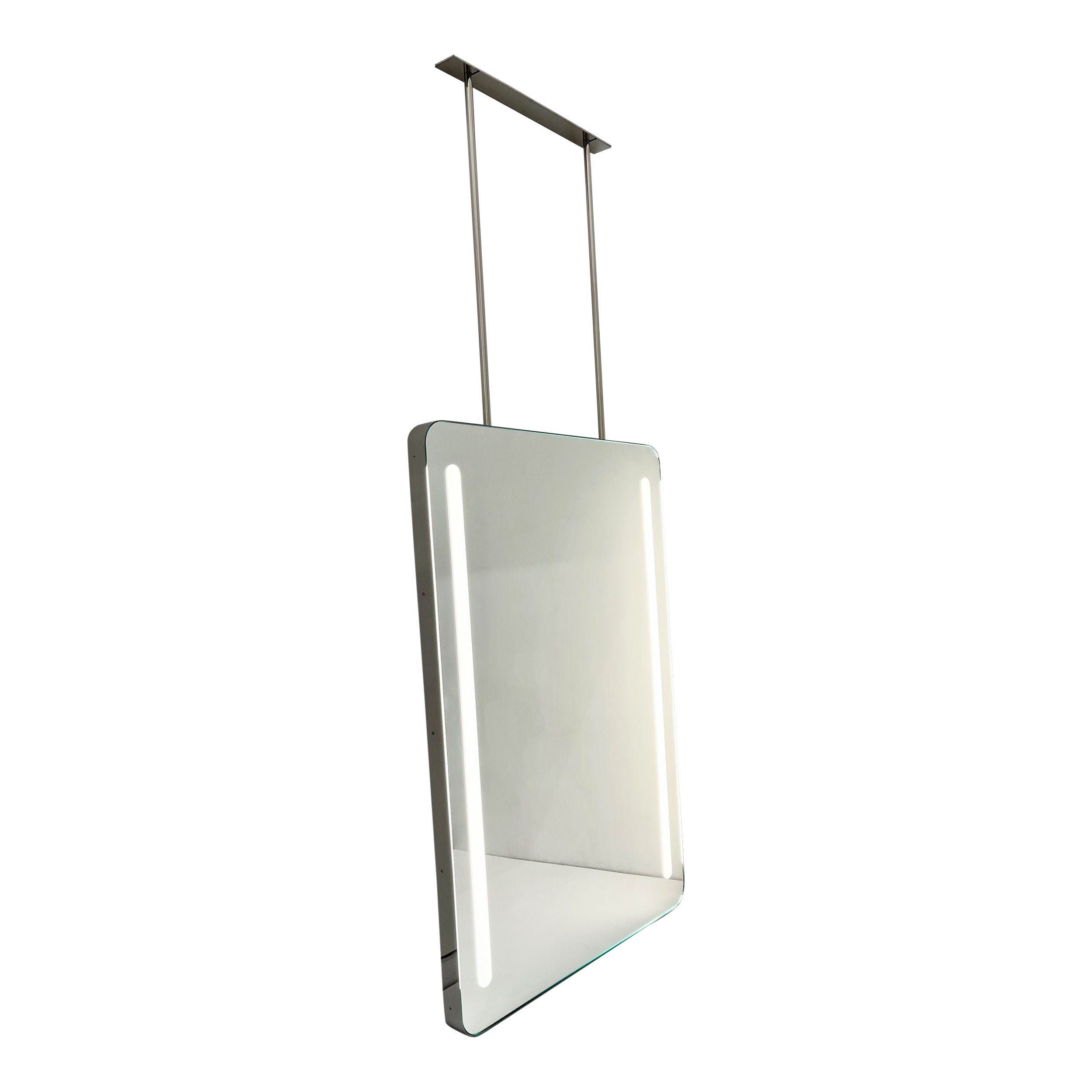 Beleuchteter, von der Decke abgehängter, rechteckiger Quadris-Spiegel mit Edelstahlrahmen im Angebot
