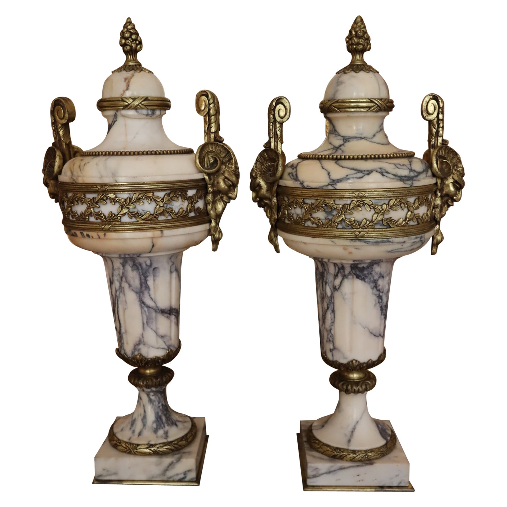 Marble Guilt Bronze Mounted Decorative Classical Urns, early to mid 19th Century For Sale