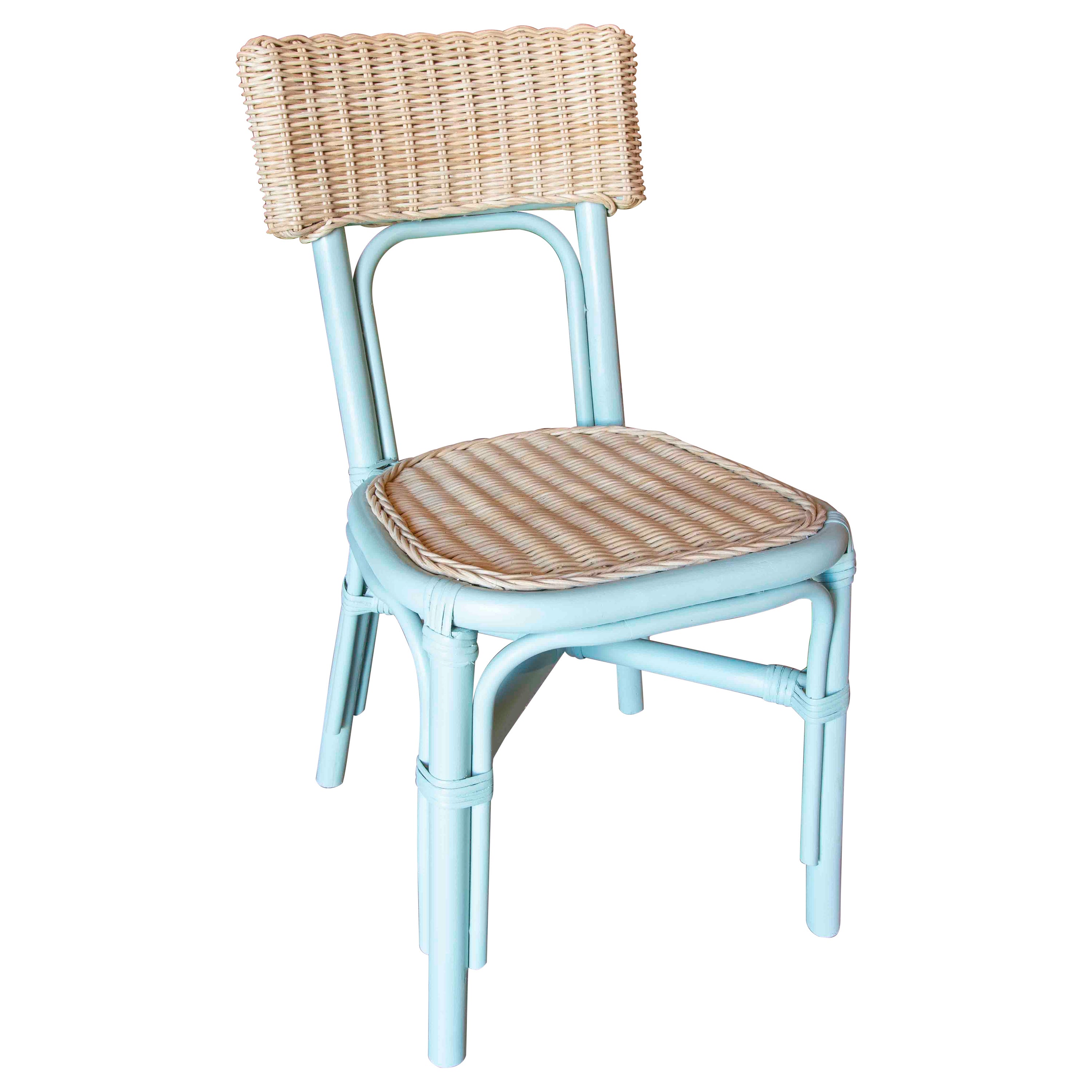 Handmade Wicker and Rattan Children's Chair in Natural Colour & Painted in Blue For Sale