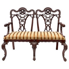 Early 20th-C. English Chinese Chippendale Style Carved Mahogany Settee / Bench 
