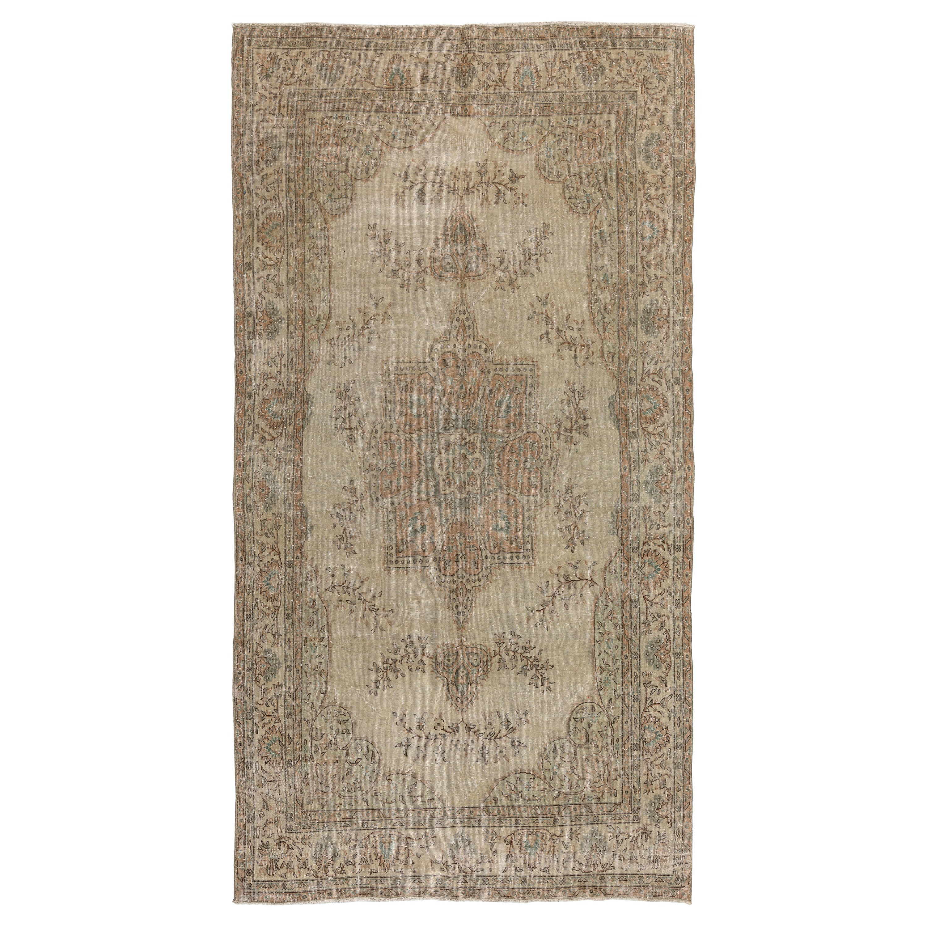 6.4x11.5 Ft Vintage Hand Knotted Turkish Sun Faded Wool Area Rug in Beige Colors For Sale