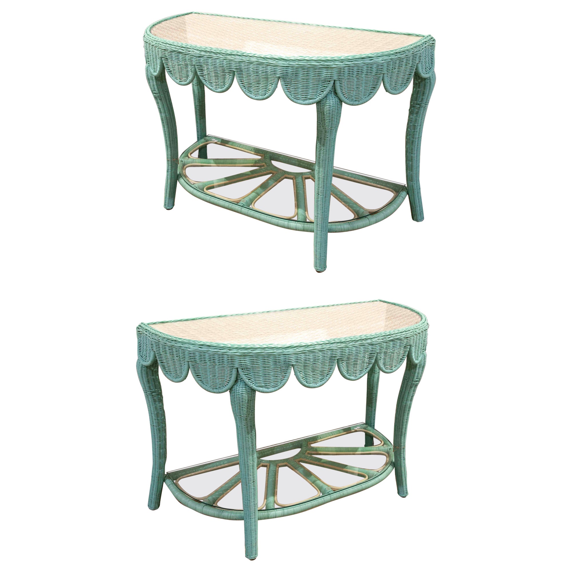 Pair of Wicker Consoles with Green and White Painted Skirts with Glass