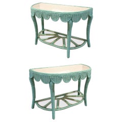 Pair of Wicker Consoles with Green and White Painted Skirts with Glass