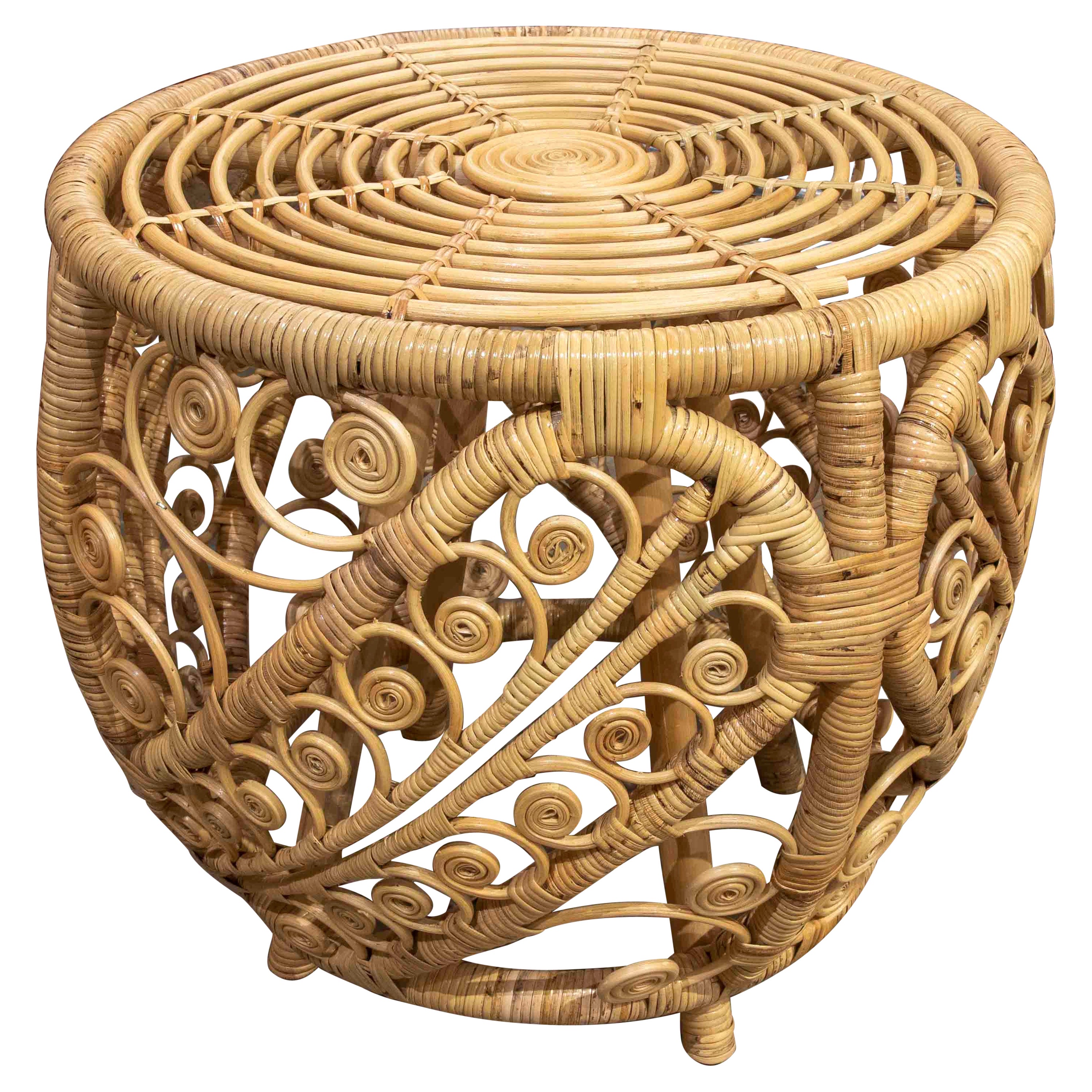 Handmade Wicker and Rattan Stool in Round Shape For Sale