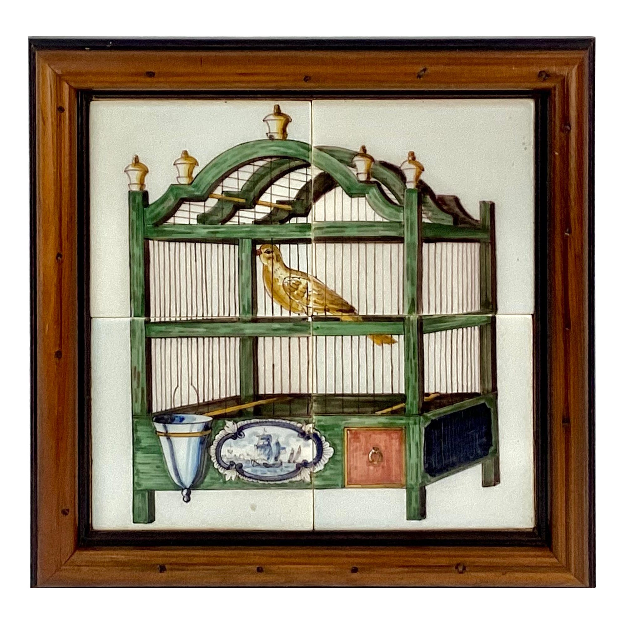 Delft 'Bird In Cage' Tile Mural, Framed