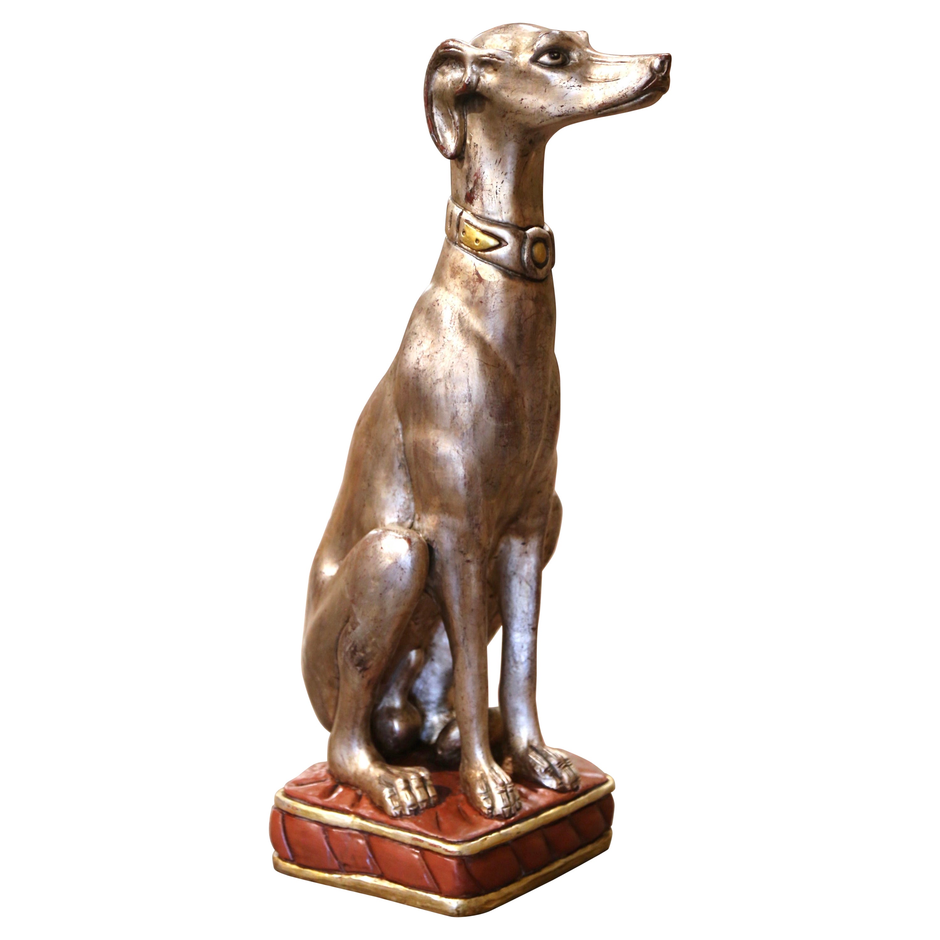 Sculpture italienne vintage de chien lévrier en bois sculpté et argenté
